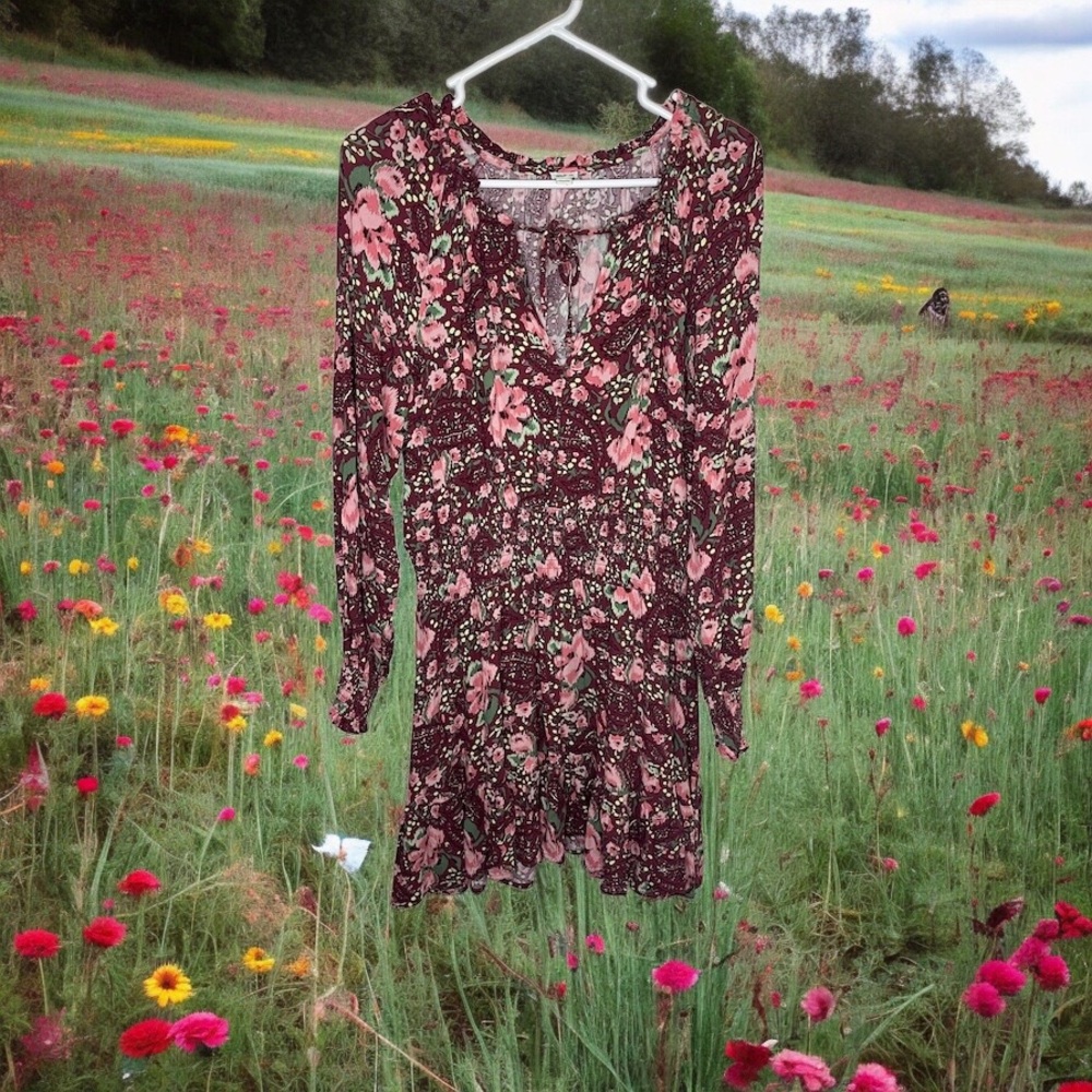 Aerie Bohemian Floral Smocked Waist Mini Dress Burgundy Pink Womens Medium